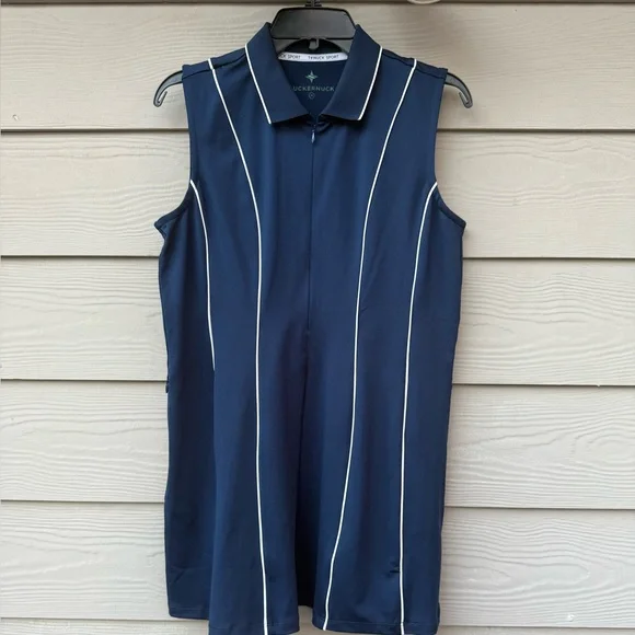 Tuckernuck Sport Roxana Half Zip Golf Dress in navy with white piping - Picture 10 of 11